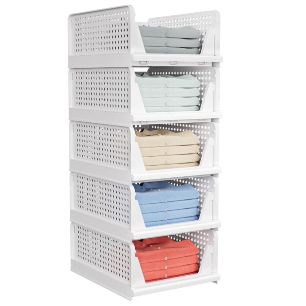 5 Pack Stackable Closet Storage Bins Foldable Organizer White Open Box